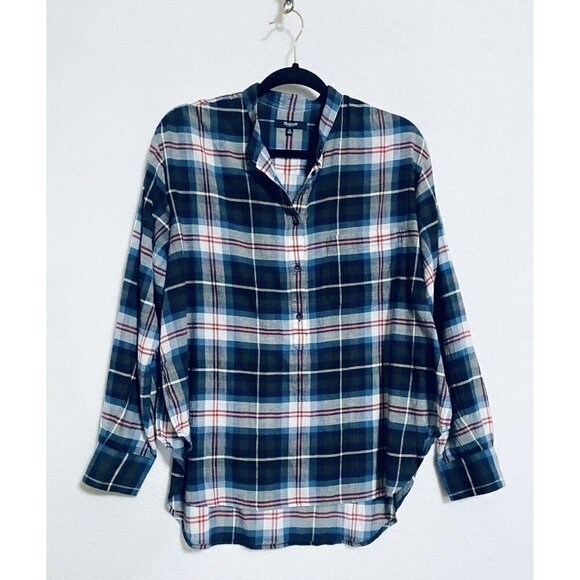 Madewell Top Womens Medium Wheaton Plaid Collarless Popover Tunic Blue Boho - Picture 2 of 7